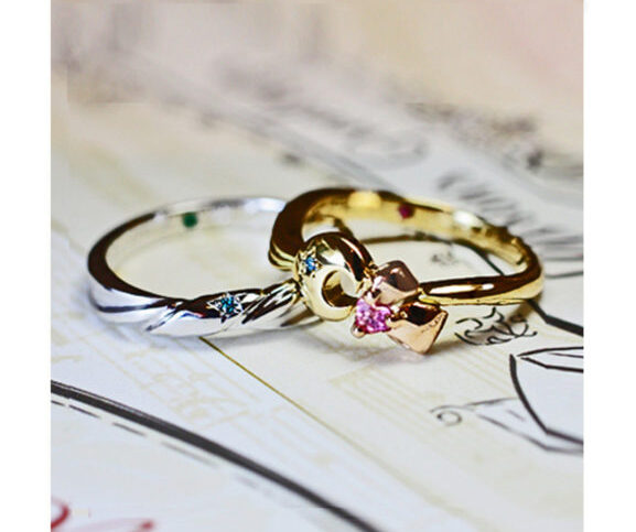 ブルーダイヤとピンクのリボン結婚指輪 オーダーメイド作品