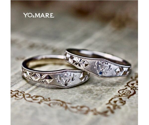 イニシャルと模様をデザインした個性派結婚指輪