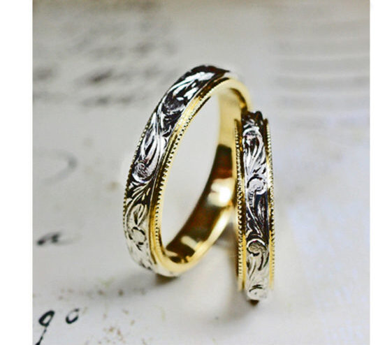 ハワイアン模様とゴールドのミルグレインをデザインしたアンティークな結婚指輪 