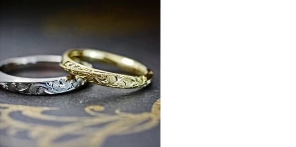 ハワイアン模様を斜めに入れた細い結婚指輪オーダーメイド作品 ＞