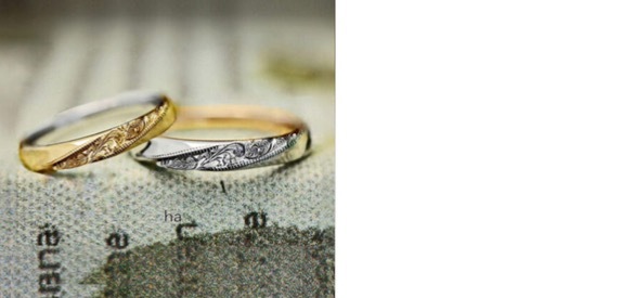 ハワイアン柄が斜めにデザインされた結婚指輪オーダーメイド作品