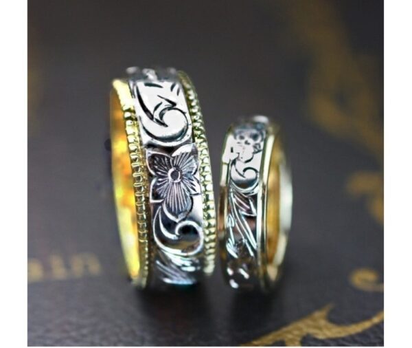  ハワイアン模様を一周に入れたゴールドとプラチナの結婚指輪オーダー作品