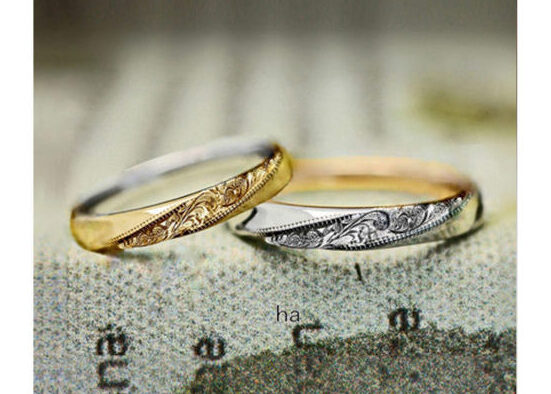 ハワイアン柄が斜めに入った2色コンビの結婚指輪 オーダーメイド作品