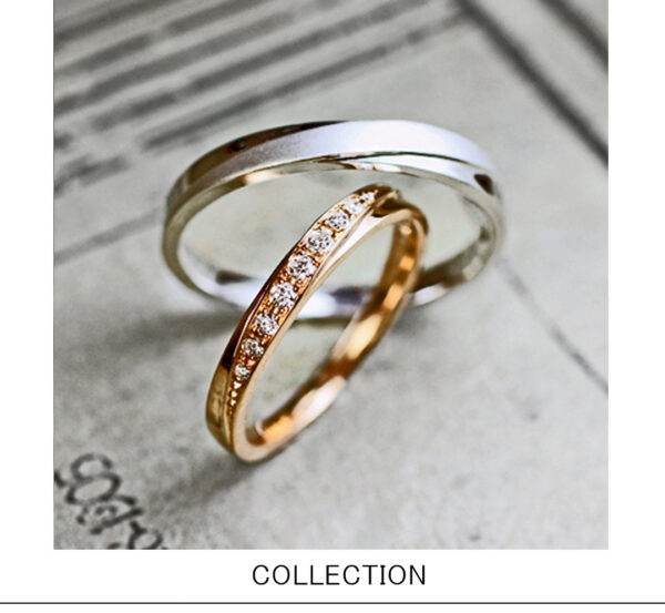 ピンクゴールドに9ピース並んだ白いダイヤが美しい結婚指輪コレクション ＞