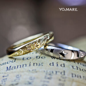 ダリアとキャプテンAを手彫り模様で入れた結婚指輪オーダーメイド作品