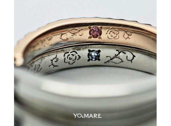 スネークデザインの結婚指輪の内側にバラの模様を入れたオーダー作品 