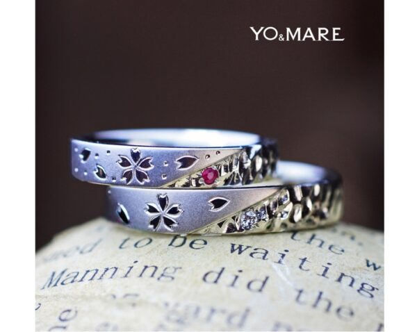 5枚花のさくら模様とピンクダイヤモンドの結婚指輪オーダーメイド作品 