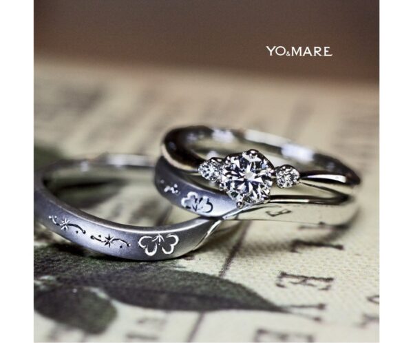 ■ クローバー模様の結婚指輪とウェーブした婚約指輪のオーダー作品 