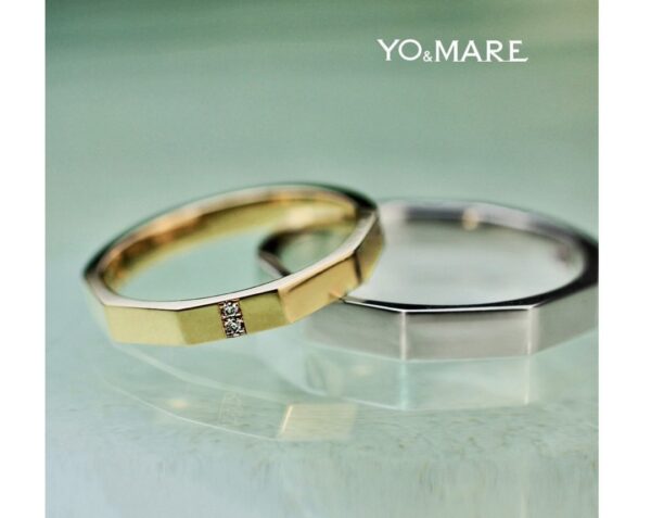 プラチナとゴールドで10角形にデザインされた結婚指輪オーダー作品 ＞