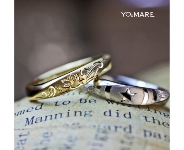 ■  ダリアとキャプテンAを手彫り模様で入れた結婚指輪オーダーメイド作品 