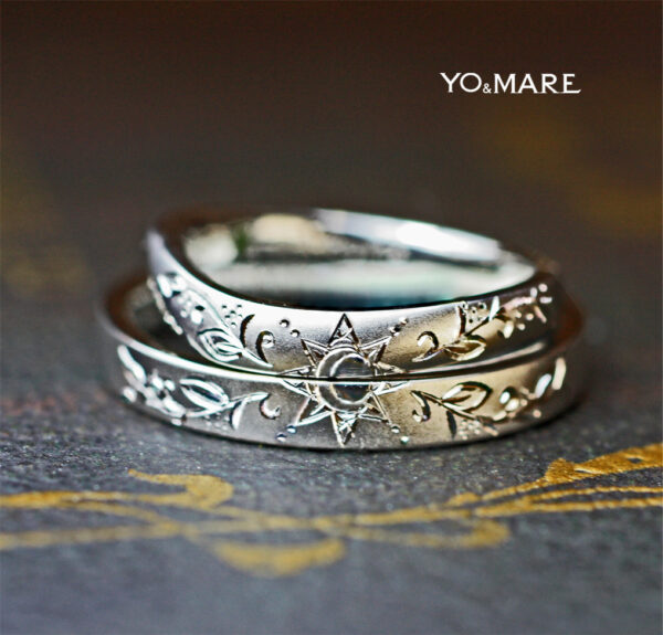 結婚指輪を重ねて太陽と金木犀の模様をつくるオーダーメイド作品