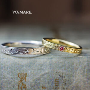 ふたりのイニシャル模様が入るアンティークな結婚指輪オーダー作品