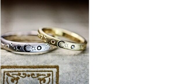 三日月模様とダイヤを入れたゴールドの結婚指輪 オーダー作品