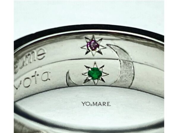 ■ ミモザの模様を入れた結婚指輪の内側に星と月をデザインしたオーダー作品 