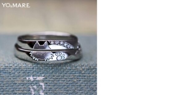 【ねことダイヤモンドとアジサイ】の模様を入れた結婚指輪オーダー作品 