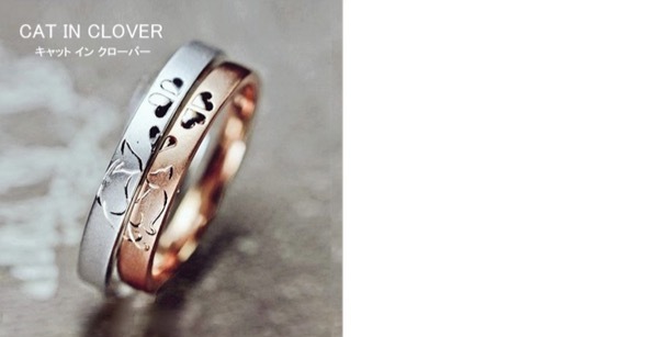 ネコがキスするクローバー模様の結婚指輪オーダーメイド作品
