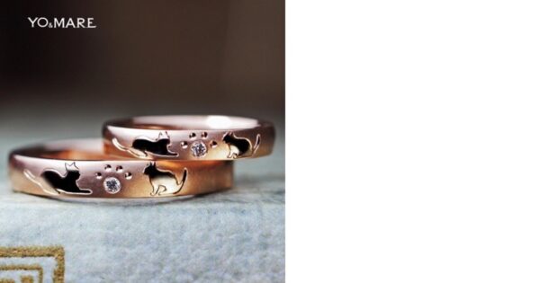 ピンクゴールドにねこと肉球模様を入れた結婚指輪オーダー作品