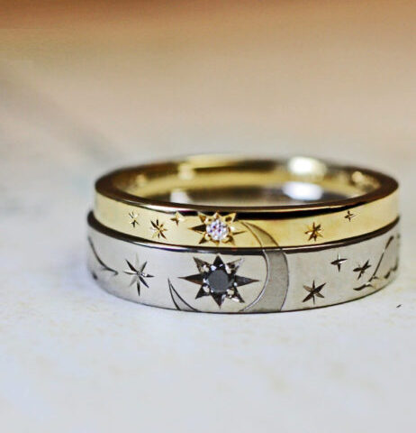 【月と星の模様】をゴールドの結婚指輪２本重ねて描いたオーダーメイド作品
