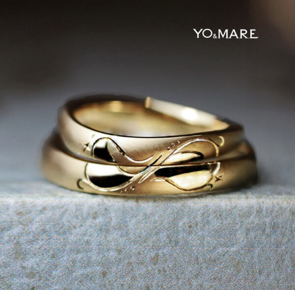 砂時計の手彫り模様をゴールドの結婚指輪に描いたオーダーメイド作品