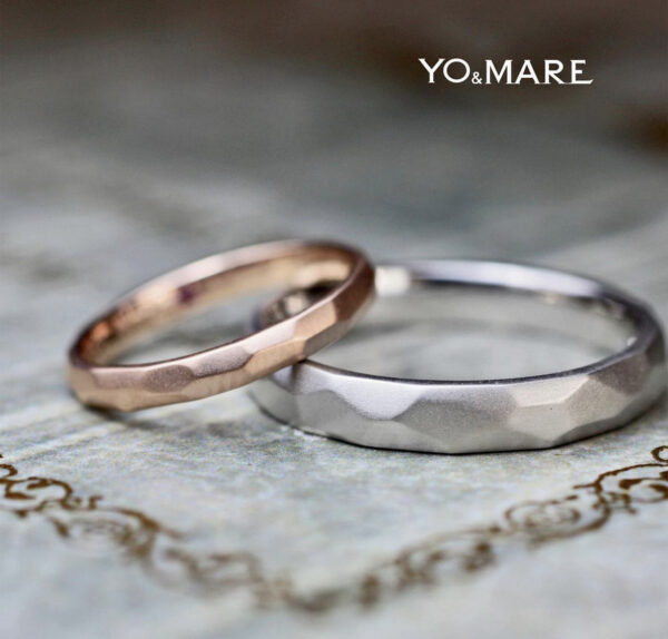 ピンクゴールドとプラチナのツチメリングを氷デザインにした結婚指輪オーダー作品