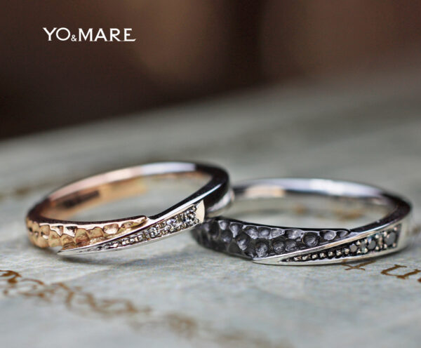 スネークデザインで、ピンクゴールドとブラックゴールド、そしてプラチナを組み合わせた結婚指輪オーダー作品