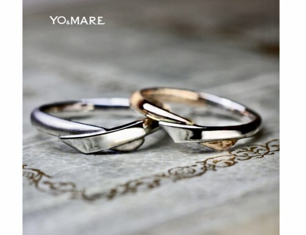 ピンクゴールドとプラチナの2カラーにデザインされたリボンの結婚指輪オーダー作品