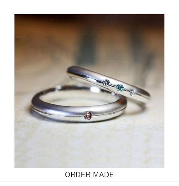 丸いフォルムの【ブルーダイヤ＆ブラウンダイヤ】の結婚指輪作品