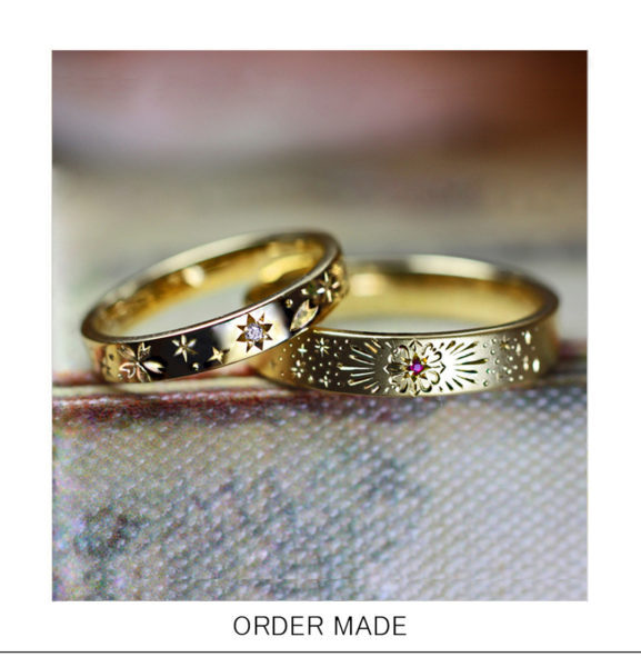 ゴールドの結婚指輪に【サクラ＆花火の模様】が入ったオーダー作品