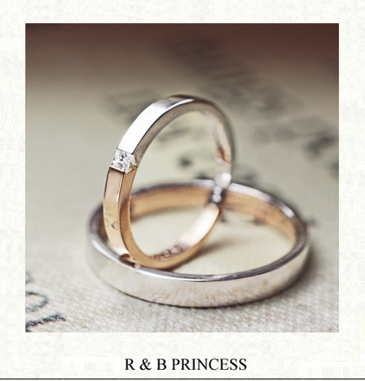 【ピンク&プラチナのカラーコンビ】と四角いダイヤの結婚指輪作品