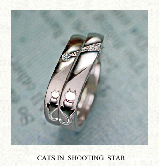 【ブルーダイヤの流れ星】と【ネコのカップル】の結婚指輪オーダーメイド